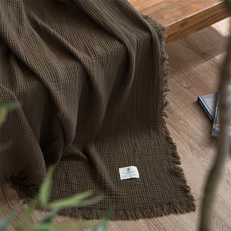 OLIVEBREEZE – Coperta Leggera in Garza di Cotone a 4 Strati con Frange Eleganti