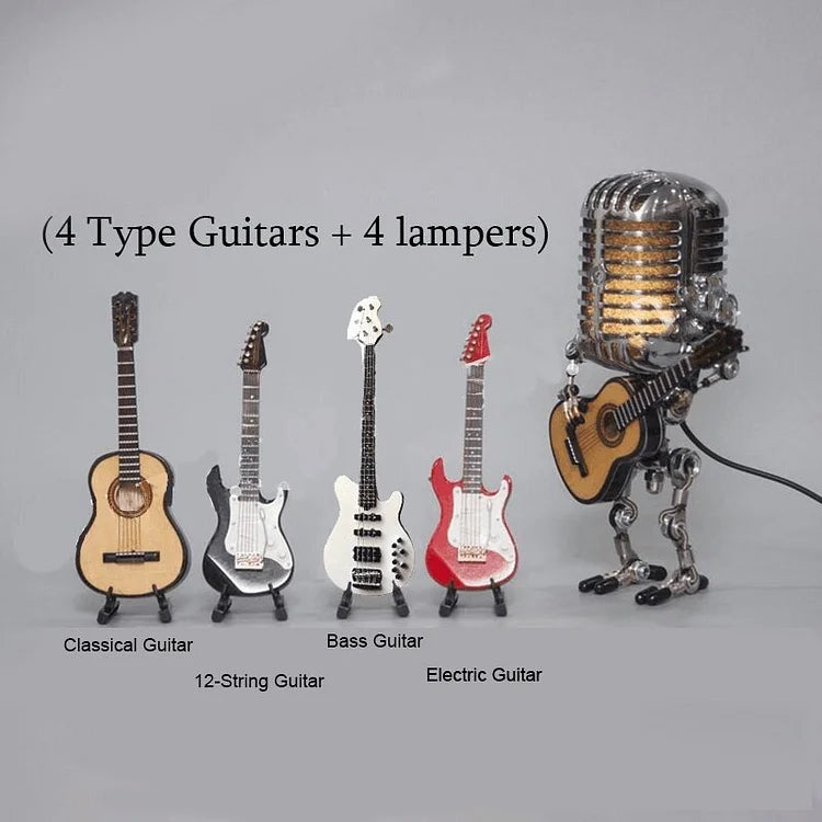 Robot Microfono Vintage in Metallo con Lampada a Chitarra