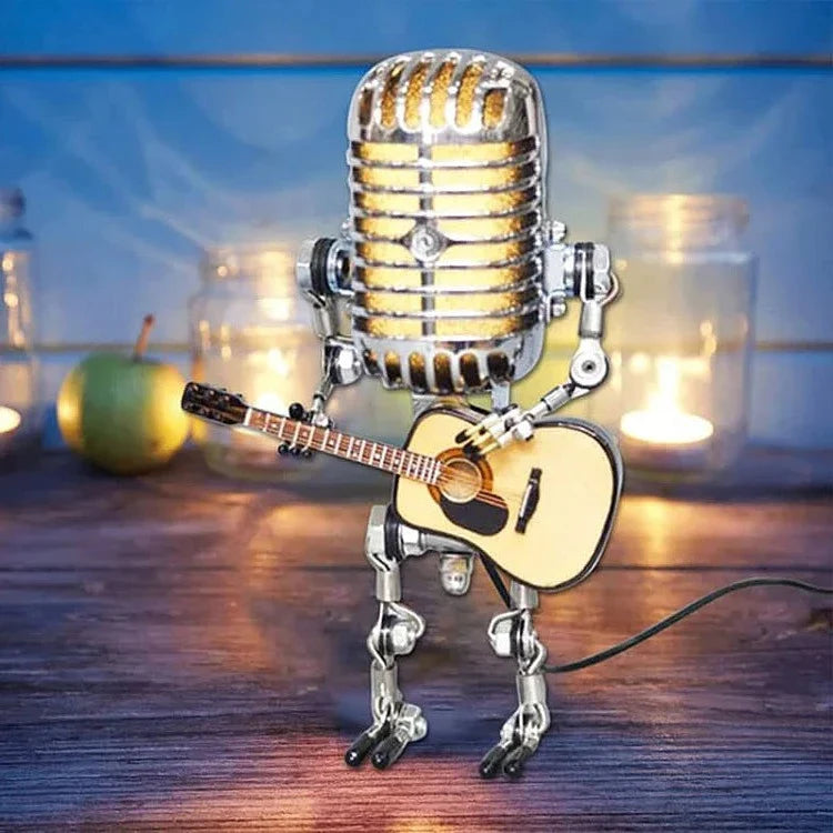 Robot Microfono Vintage in Metallo con Lampada a Chitarra