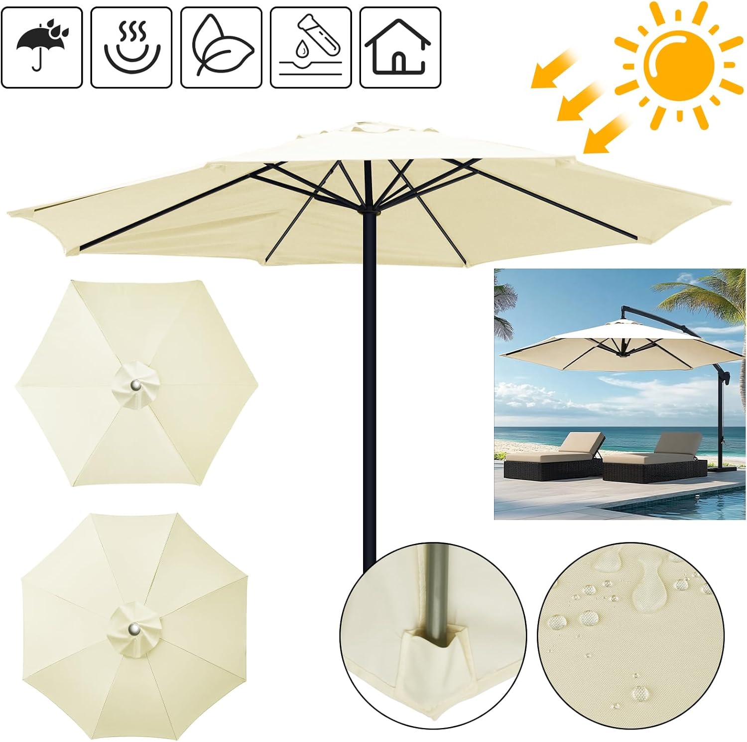 SunViva | Copertura sostitutiva impermeabile per ombrelloni 6/8 stecche | Giardino e terrazza all'aperto