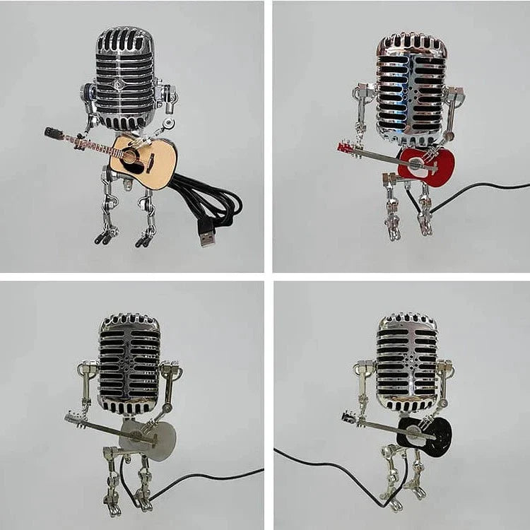 Robot Microfono Vintage in Metallo con Lampada a Chitarra