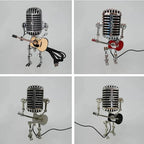 Robot Microfono Vintage in Metallo con Lampada a Chitarra