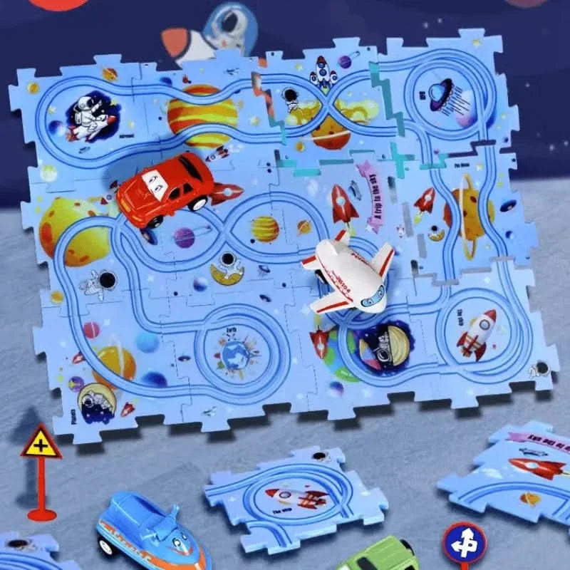 Puzzle educativo con circuiti di veicoli elettrici