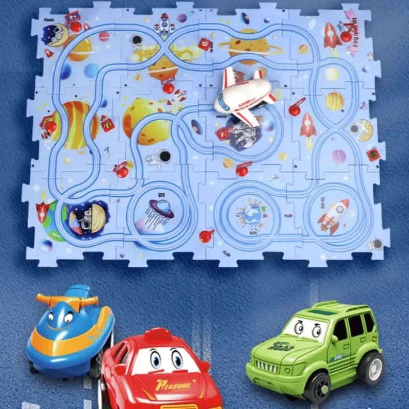 Puzzle educativo con circuiti di veicoli elettrici