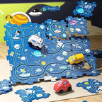 Puzzle educativo con circuiti di veicoli elettrici