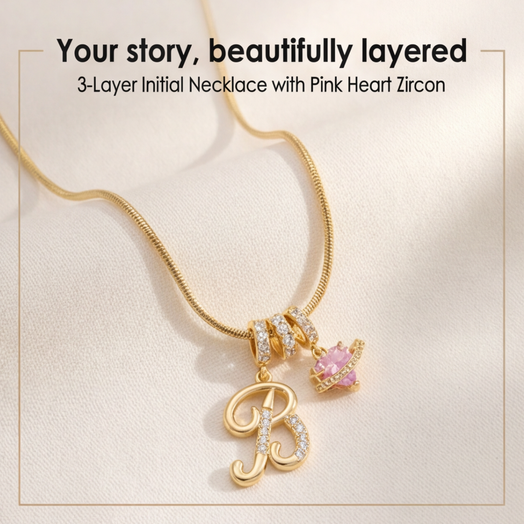 LUMARA – Collana con Iniziale a 3 Strati con Zircone a Forma di Cuore Rosa