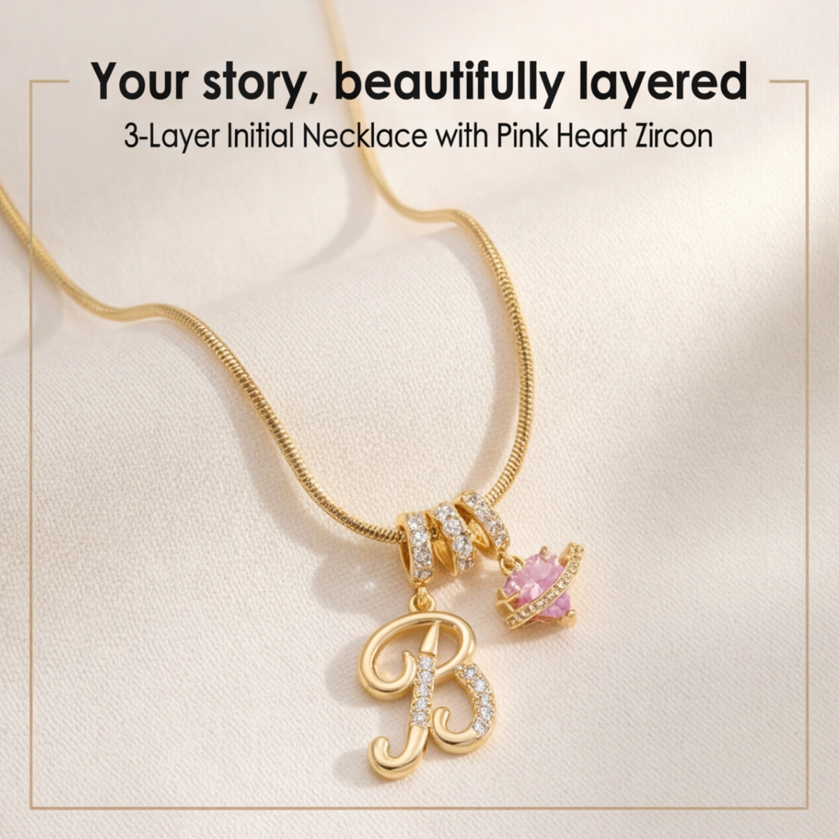 LUMARA – Collana con Iniziale a 3 Strati con Zircone a Forma di Cuore Rosa