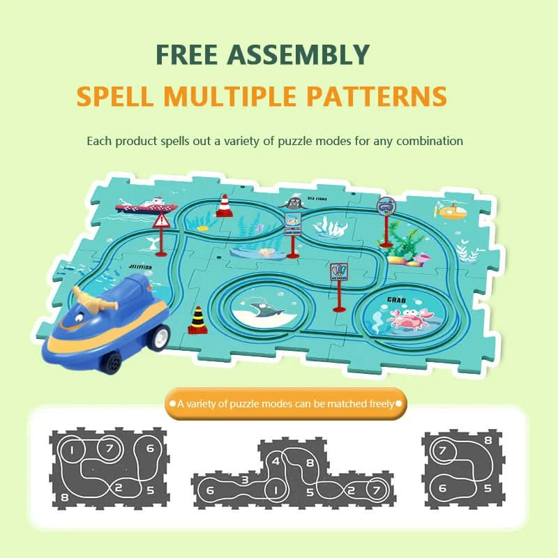 Puzzle educativo con circuiti di veicoli elettrici