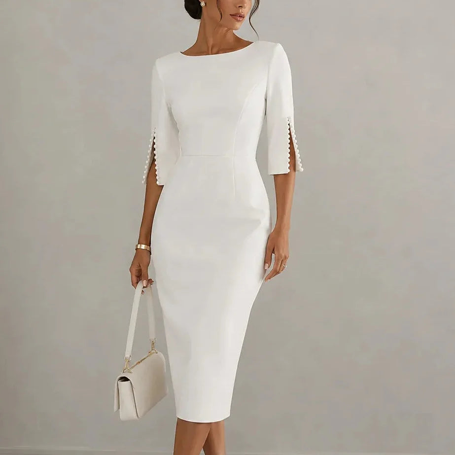 Elarosa – Abito Midi a Tubino Slim Fit con Maniche a Perla