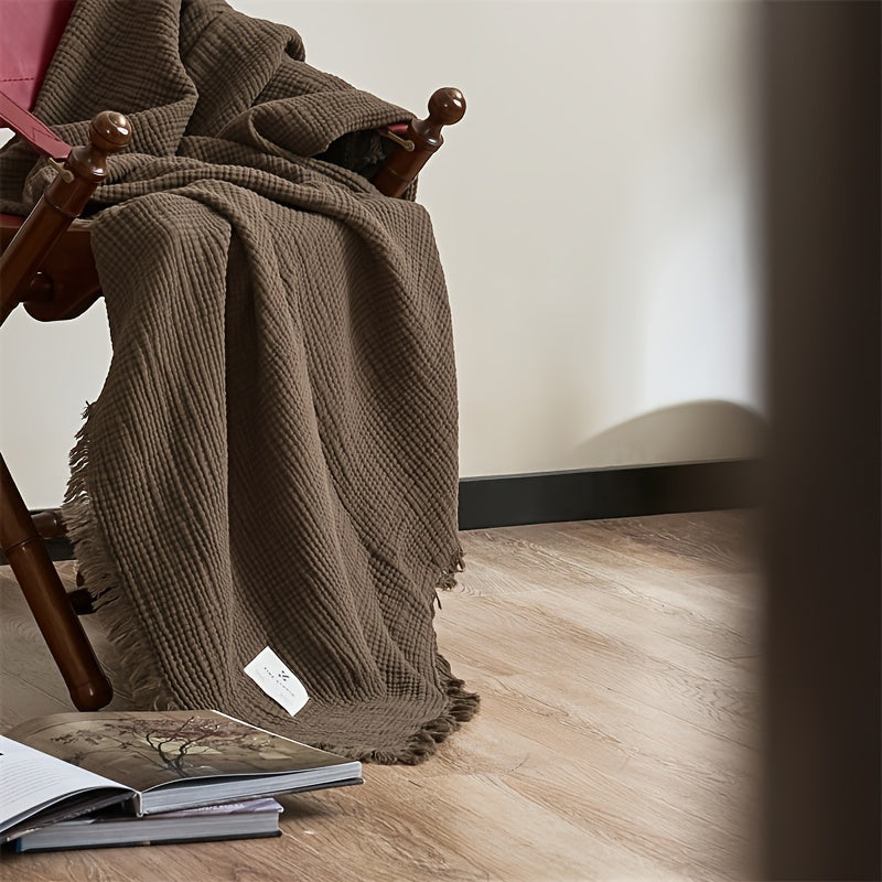 OLIVEBREEZE – Coperta Leggera in Garza di Cotone a 4 Strati con Frange Eleganti