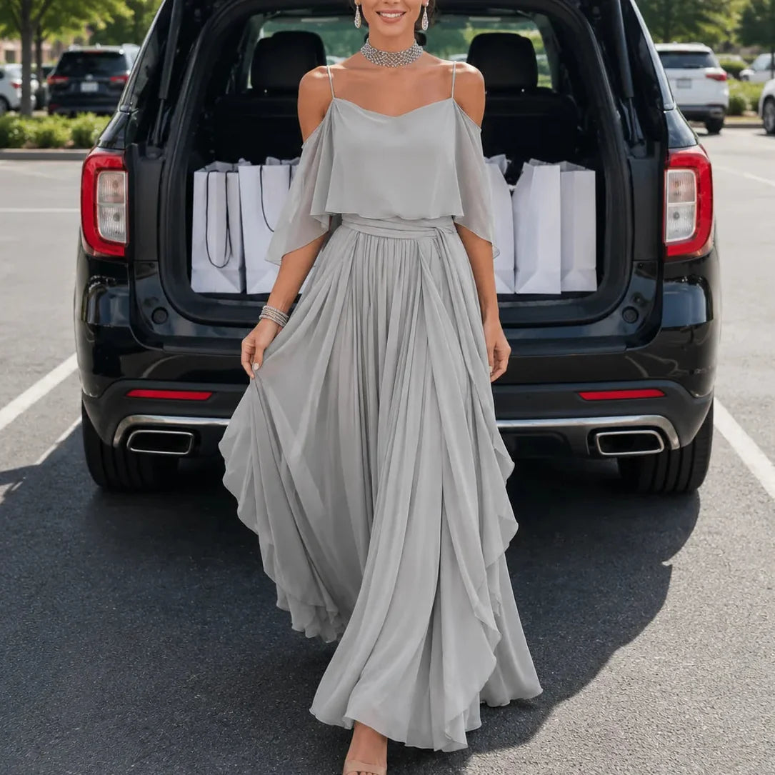 Solavia – Maxidress in chiffon simile con spalle scoperte per matrimoni ed eventi formali
