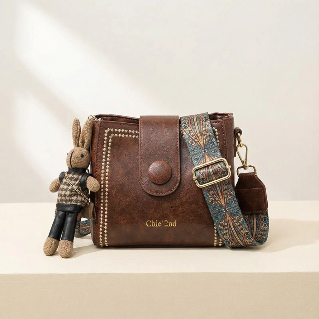 Trovata - Borsa a secchiello vintage a tracolla con cinturino artigianale