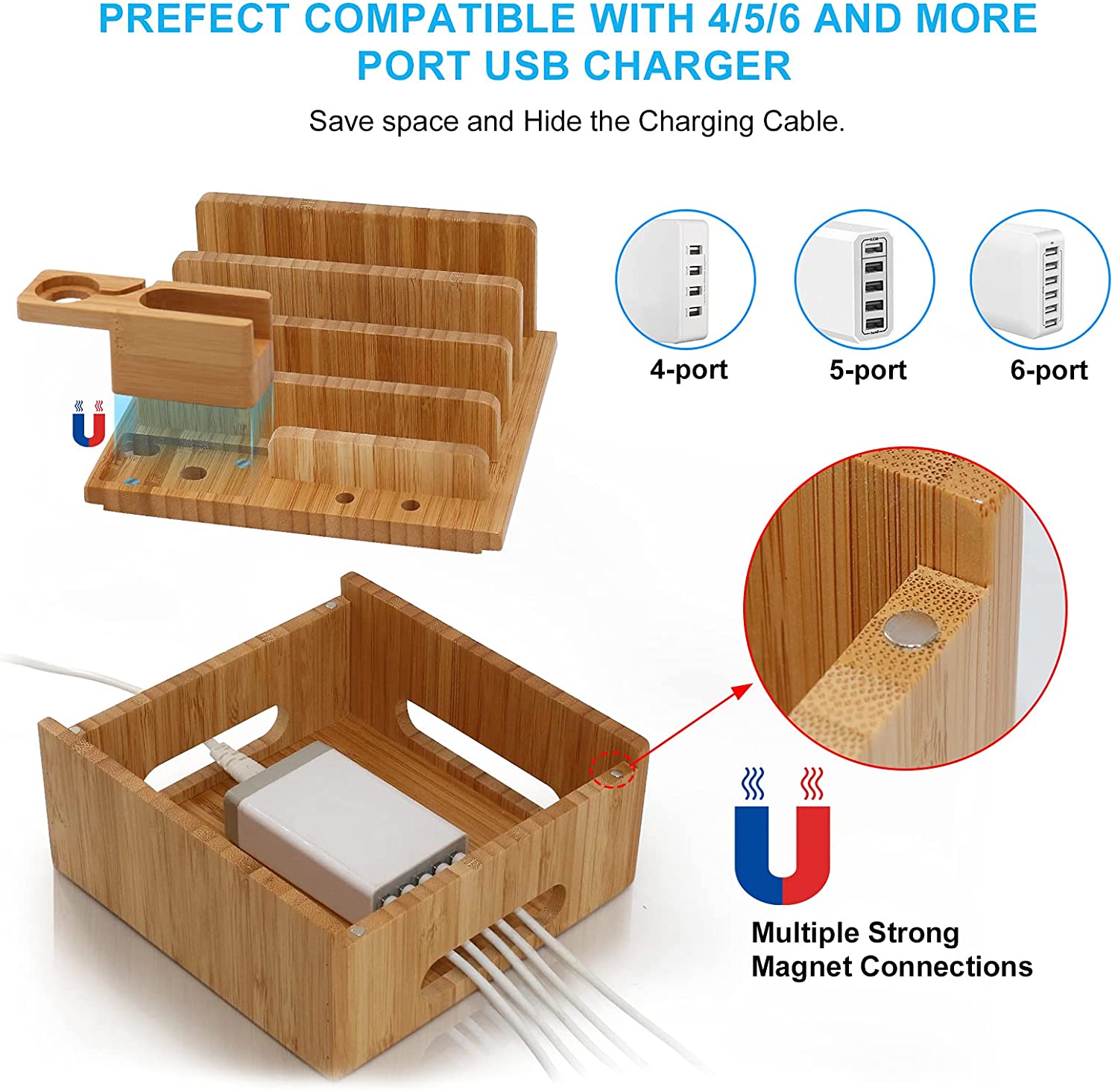 Tekavo ChargeDock Stazione di Ricarica in Bambù | 5-Port USB & Organizzatore | Per Smartphone, Tablet & Smartwatch | Inclusi Set di Cavi