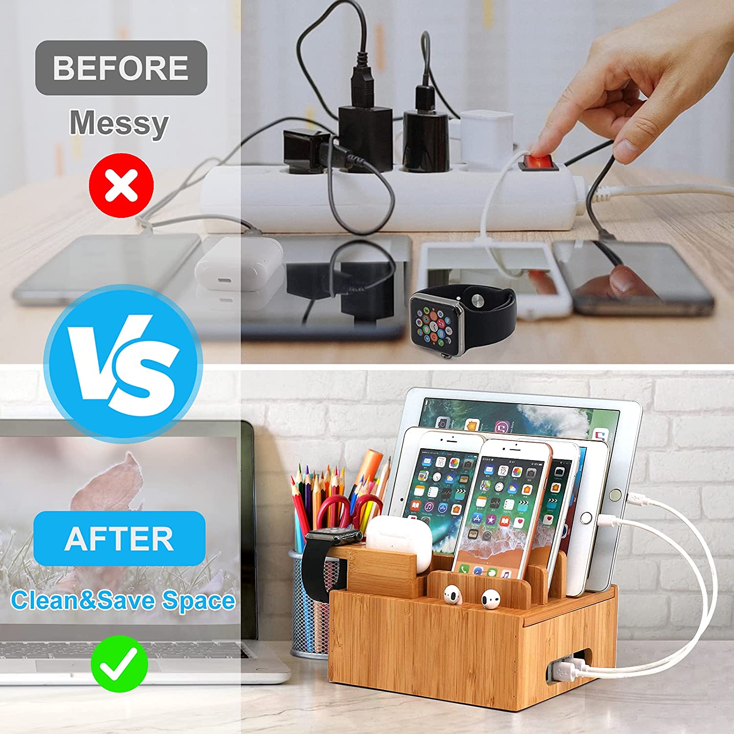 Tekavo ChargeDock Stazione di Ricarica in Bambù | 5-Port USB & Organizzatore | Per Smartphone, Tablet & Smartwatch | Inclusi Set di Cavi
