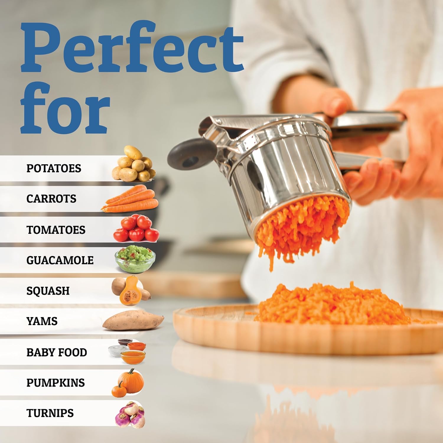 PureMasher Pro Pressa per Patate in Acciaio Inossidabile 15oz | Capacità Extra Grande | Per Purè, Verdure e Frutta | Senza Grumi e Robusta
