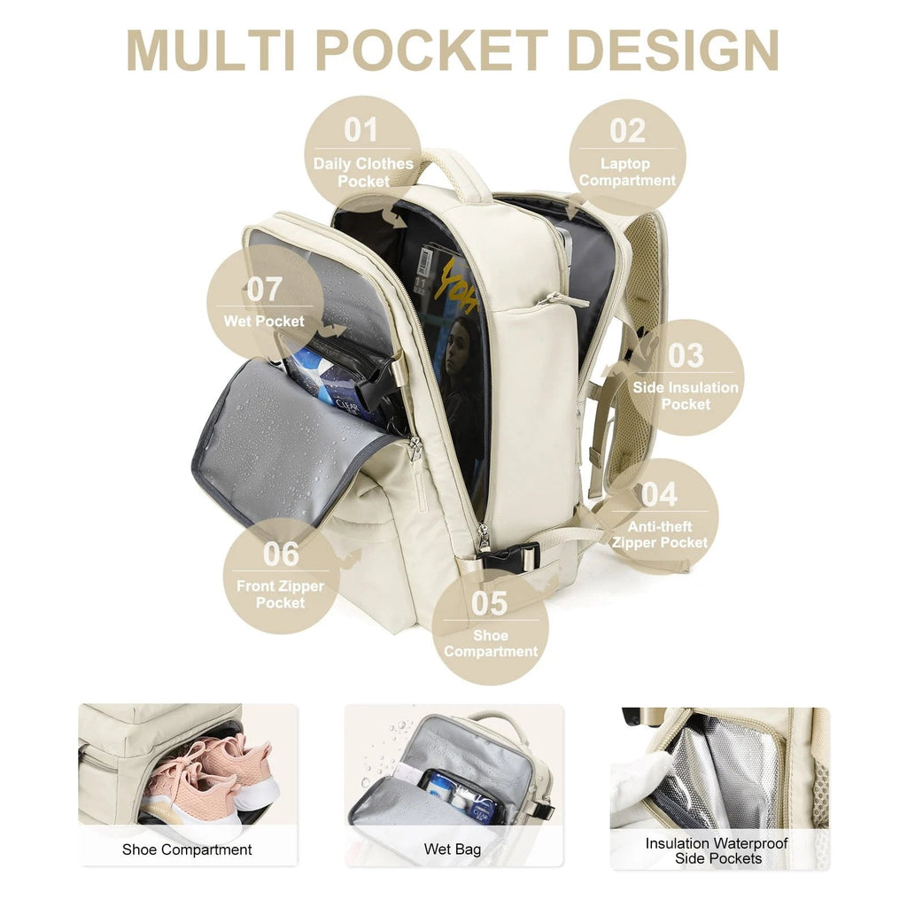 Travelliva Zaino da Viaggio per Donne 35 L | Impermeabile e con Porta USB | Antifurto e Scomparto per Scarpe | Per Escursioni, Vita Quotidiana e Viaggi