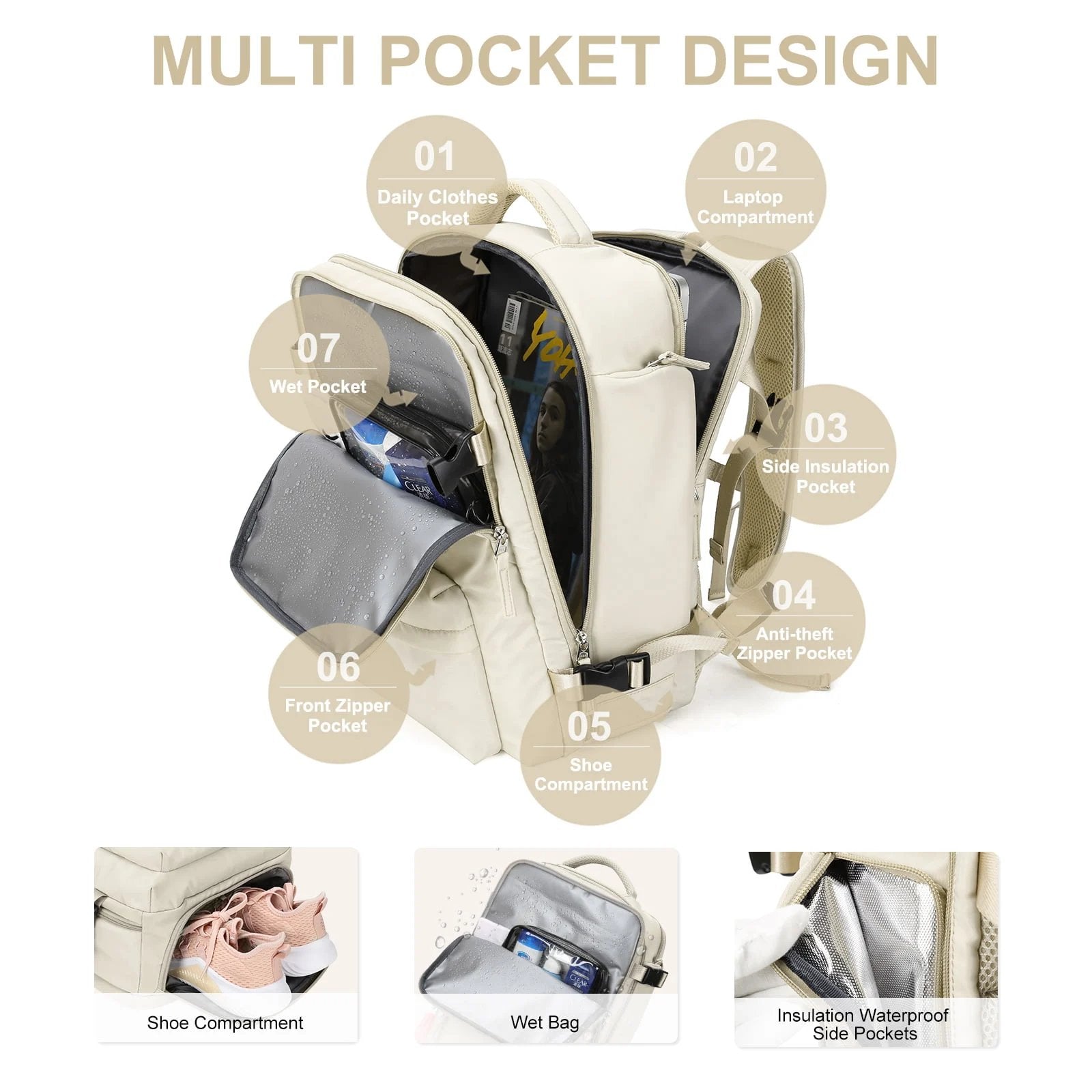 Travelliva Zaino da Viaggio per Donne 35 L | Impermeabile e con Porta USB | Antifurto e Scomparto per Scarpe | Per Escursioni, Vita Quotidiana e Viaggi
