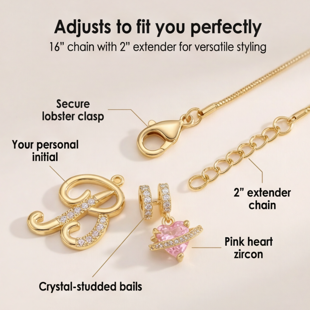 LUMARA – Collana con Iniziale a 3 Strati con Zircone a Forma di Cuore Rosa