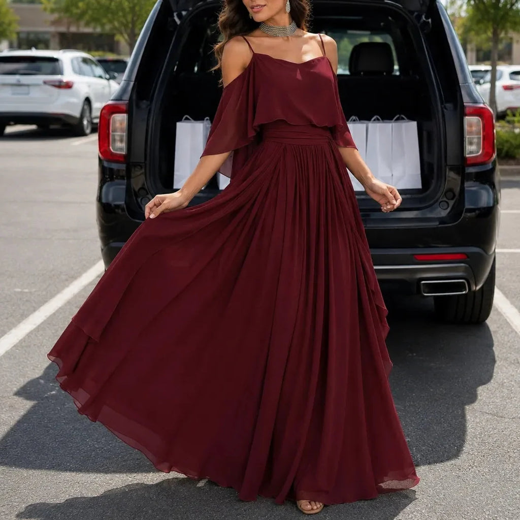 Solavia – Maxidress in chiffon simile con spalle scoperte per matrimoni ed eventi formali