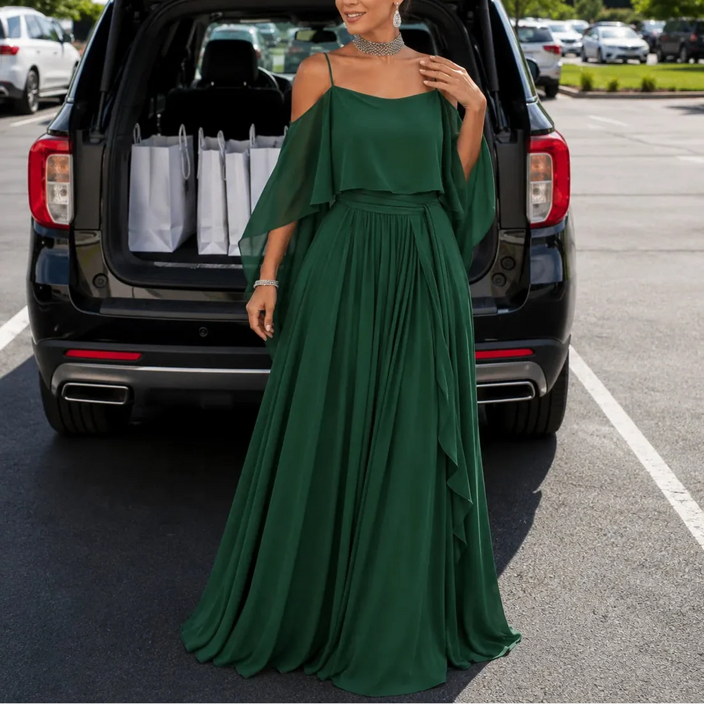 Solavia – Maxidress in chiffon simile con spalle scoperte per matrimoni ed eventi formali