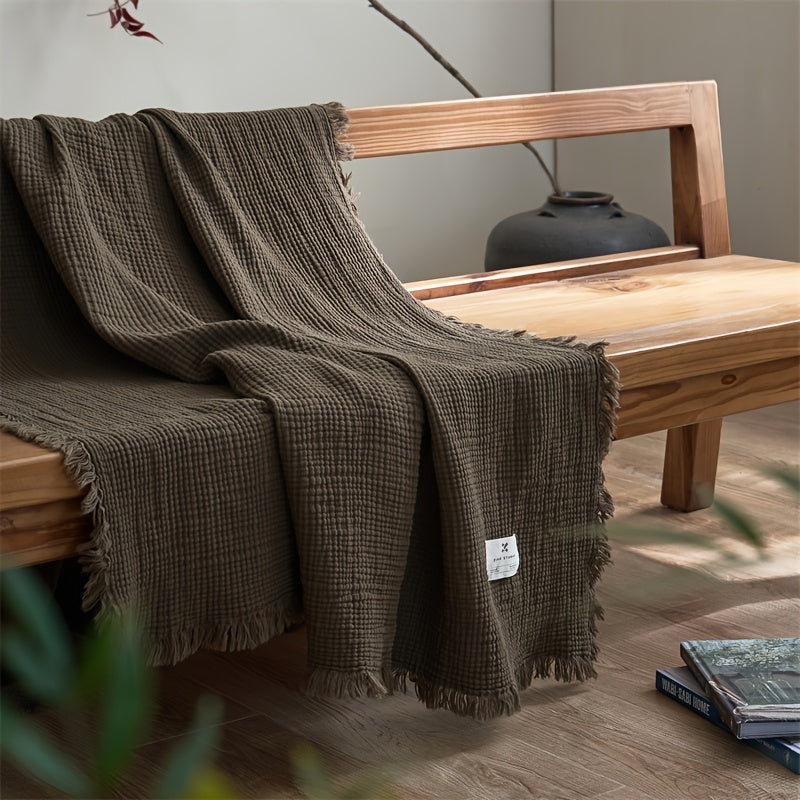 OLIVEBREEZE – Coperta Leggera in Garza di Cotone a 4 Strati con Frange Eleganti