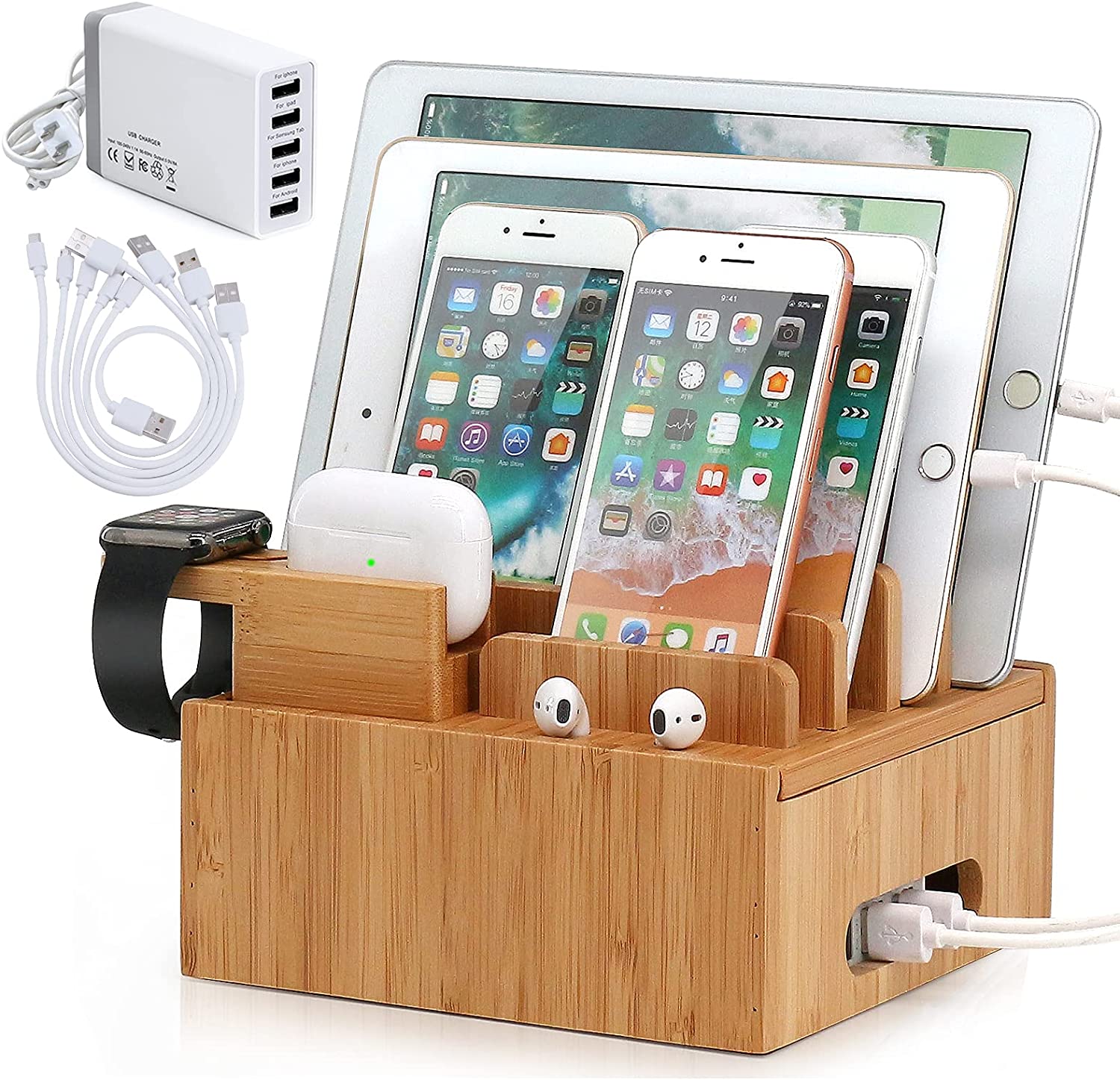 Tekavo ChargeDock Stazione di Ricarica in Bambù | 5-Port USB & Organizzatore | Per Smartphone, Tablet & Smartwatch | Inclusi Set di Cavi