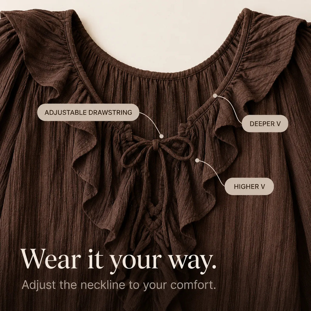 Maelora – Blusa a maniche lunghe con scollo a V e volant arricciati