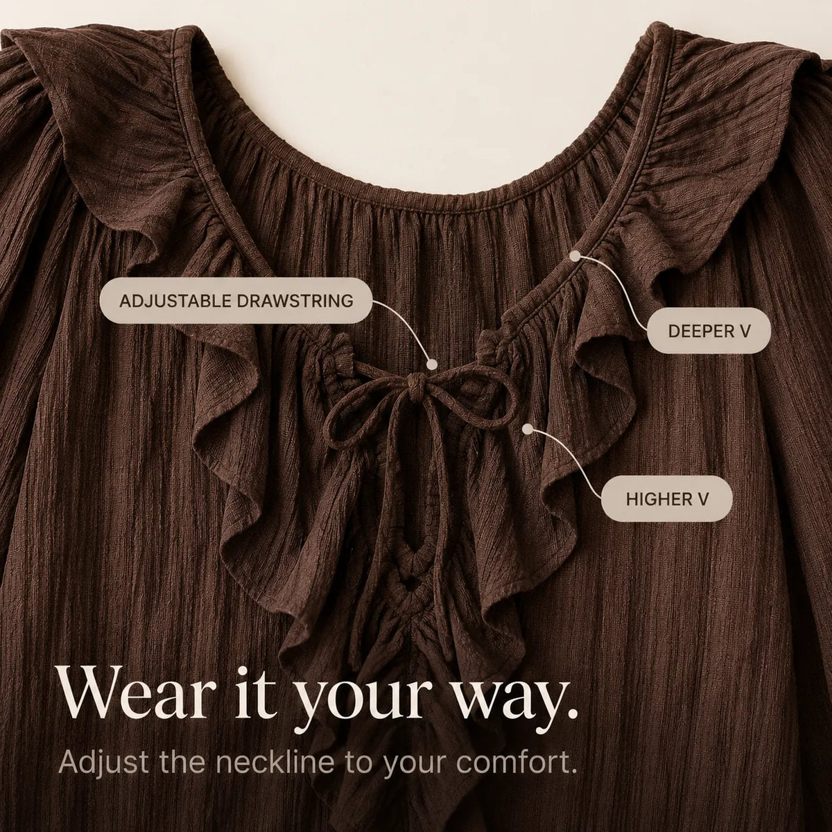 Maelora – Blusa a maniche lunghe con scollo a V e volant arricciati