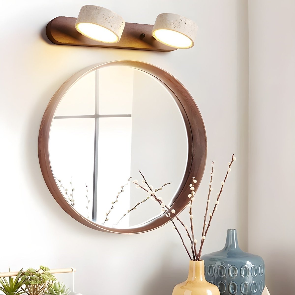 STONELINE - Lampada da parete LED per interni progettata con travertino naturale e legno per un'illuminazione architettonica calda