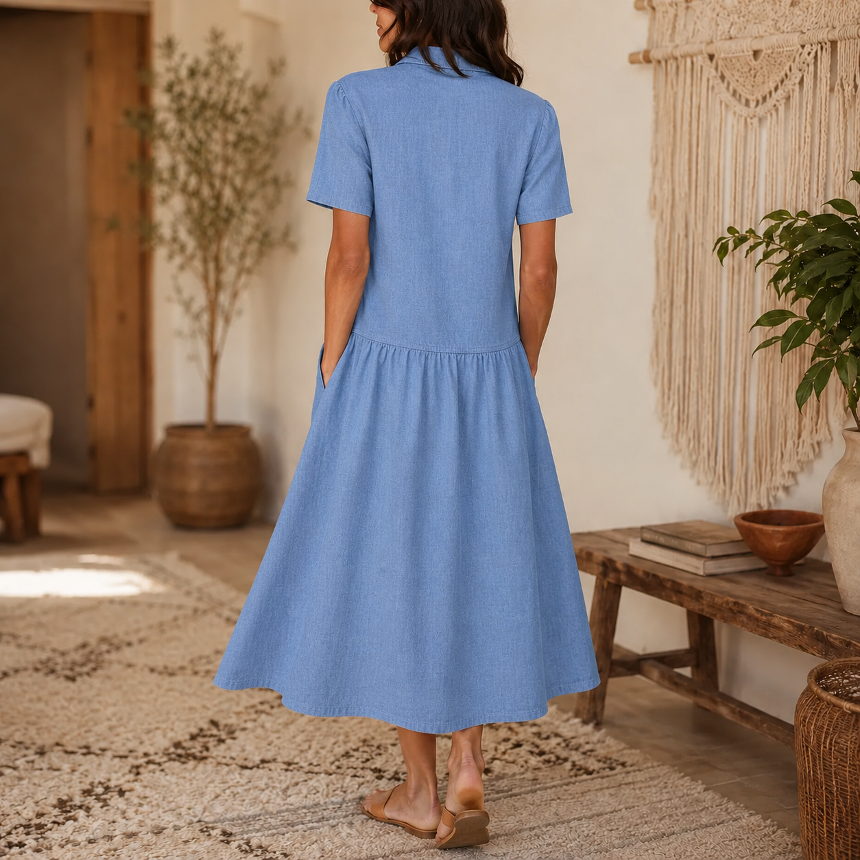 Everly – Abito Camicia con Tasche A-Line Midi con Bottoni