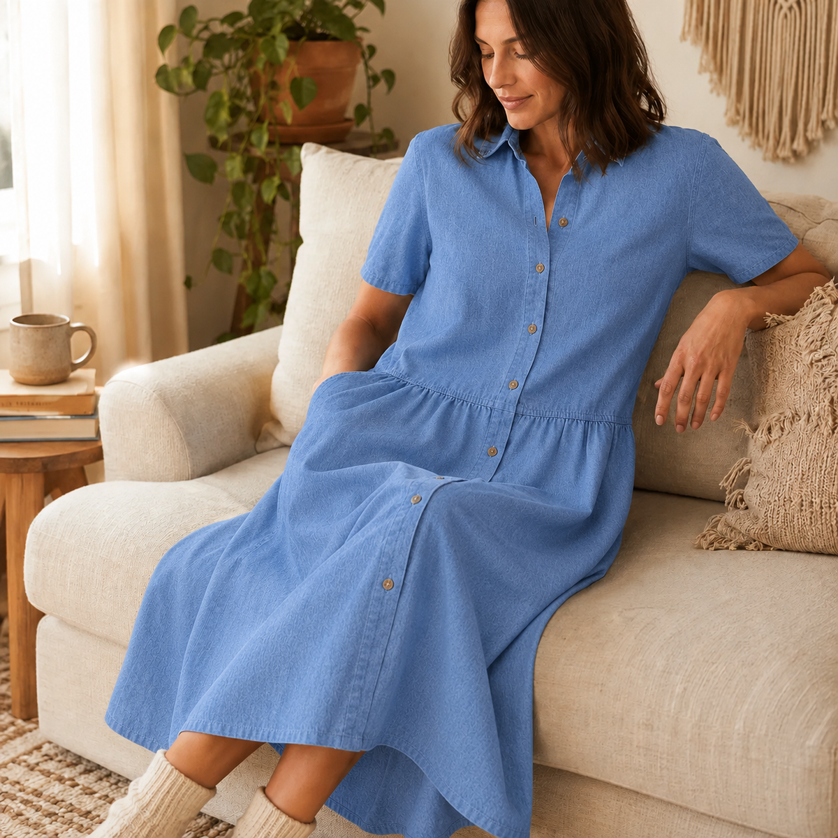 Everly – Abito Camicia con Tasche A-Line Midi con Bottoni