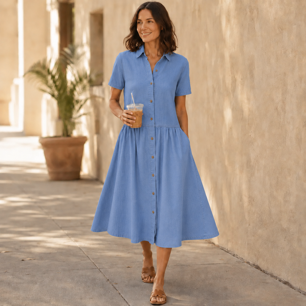 Everly – Abito Camicia con Tasche A-Line Midi con Bottoni