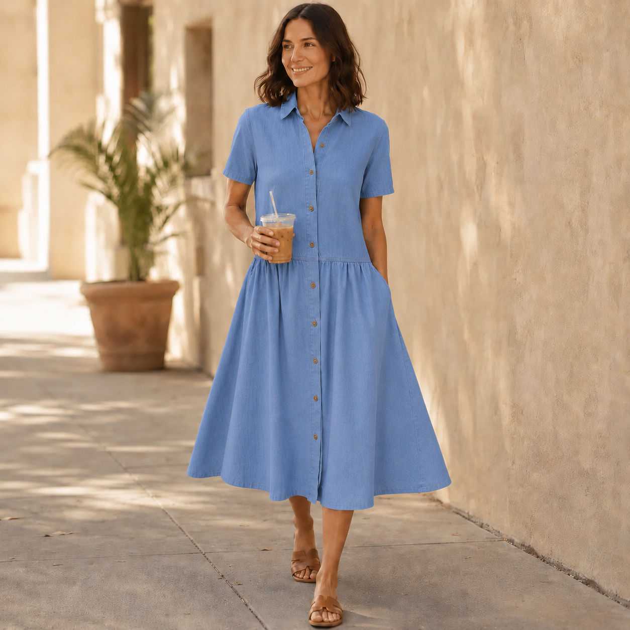 Everly – Abito Camicia con Tasche A-Line Midi con Bottoni
