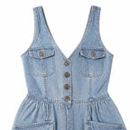 Ellora – Salopette in denim a gamba larga con bottoni frontali e tasche