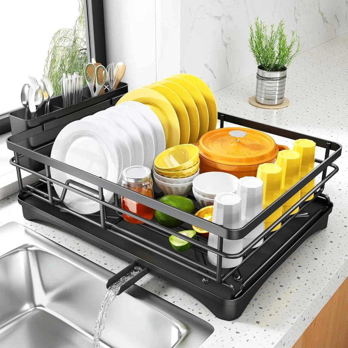 KITCHENDRY - Grandi stendibiancheria per piatti con vassoio di raccolta integrato progettato per un'asciugatura efficiente, protezione del piano di lavoro e organizzazione della cucina
