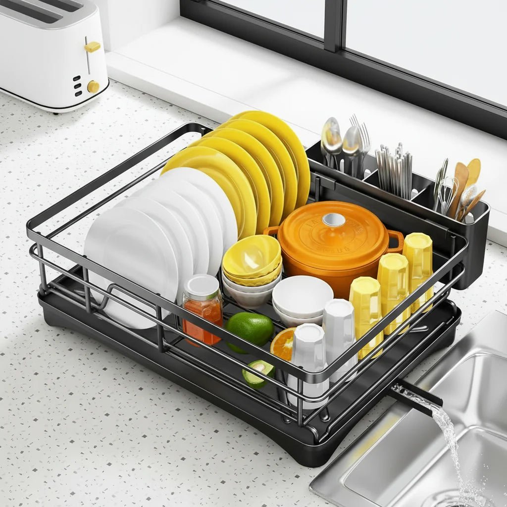 KITCHENDRY - Grandi stendibiancheria per piatti con vassoio di raccolta integrato progettato per un'asciugatura efficiente, protezione del piano di lavoro e organizzazione della cucina