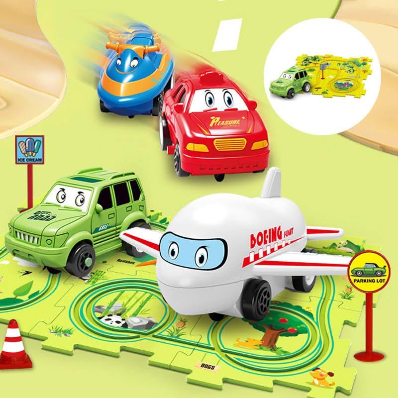 Puzzle educativo con circuiti di veicoli elettrici