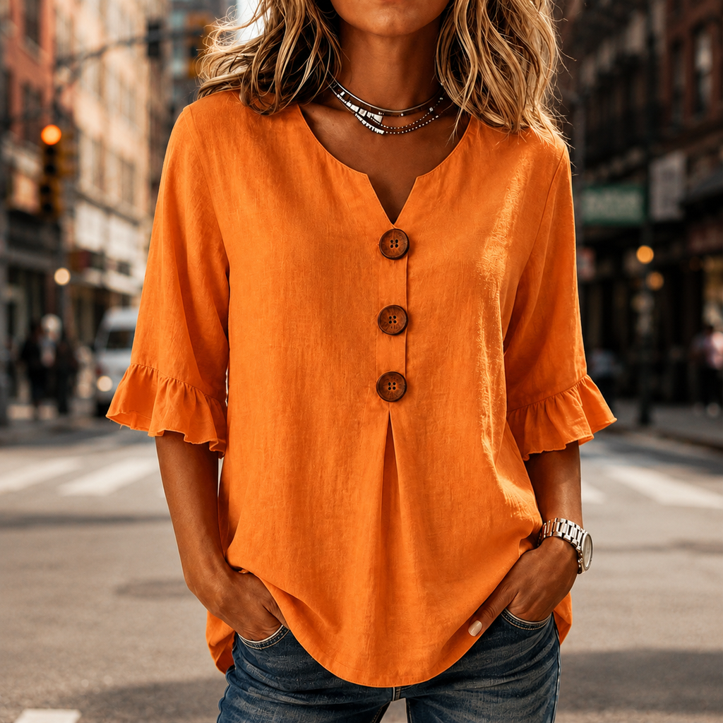 Laurelle – Blusa con maniche a volant e scollo a V con bottoni