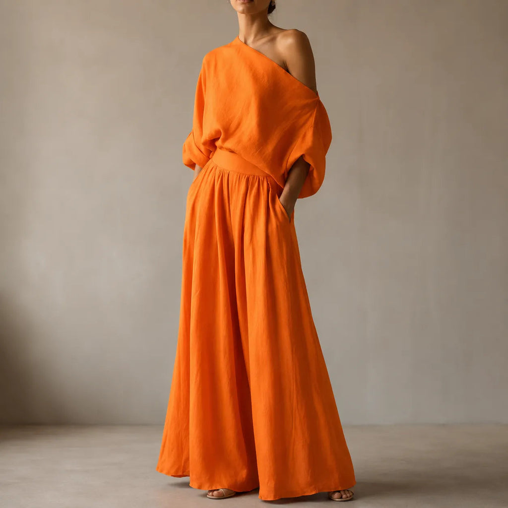 Solendra – Top Coordinato a Spalla Unica e Pantaloni Ampi Fluttuanti