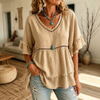 Meloria – Top Babydoll Bohemien con Ritagli a Occhiello e Orlo Frangiato