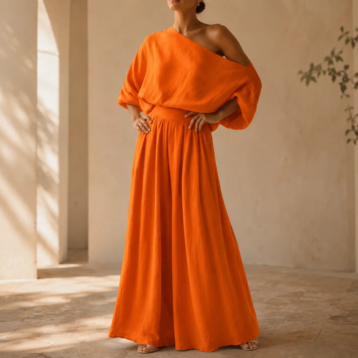 Solendra – Top Coordinato a Spalla Unica e Pantaloni Ampi Fluttuanti