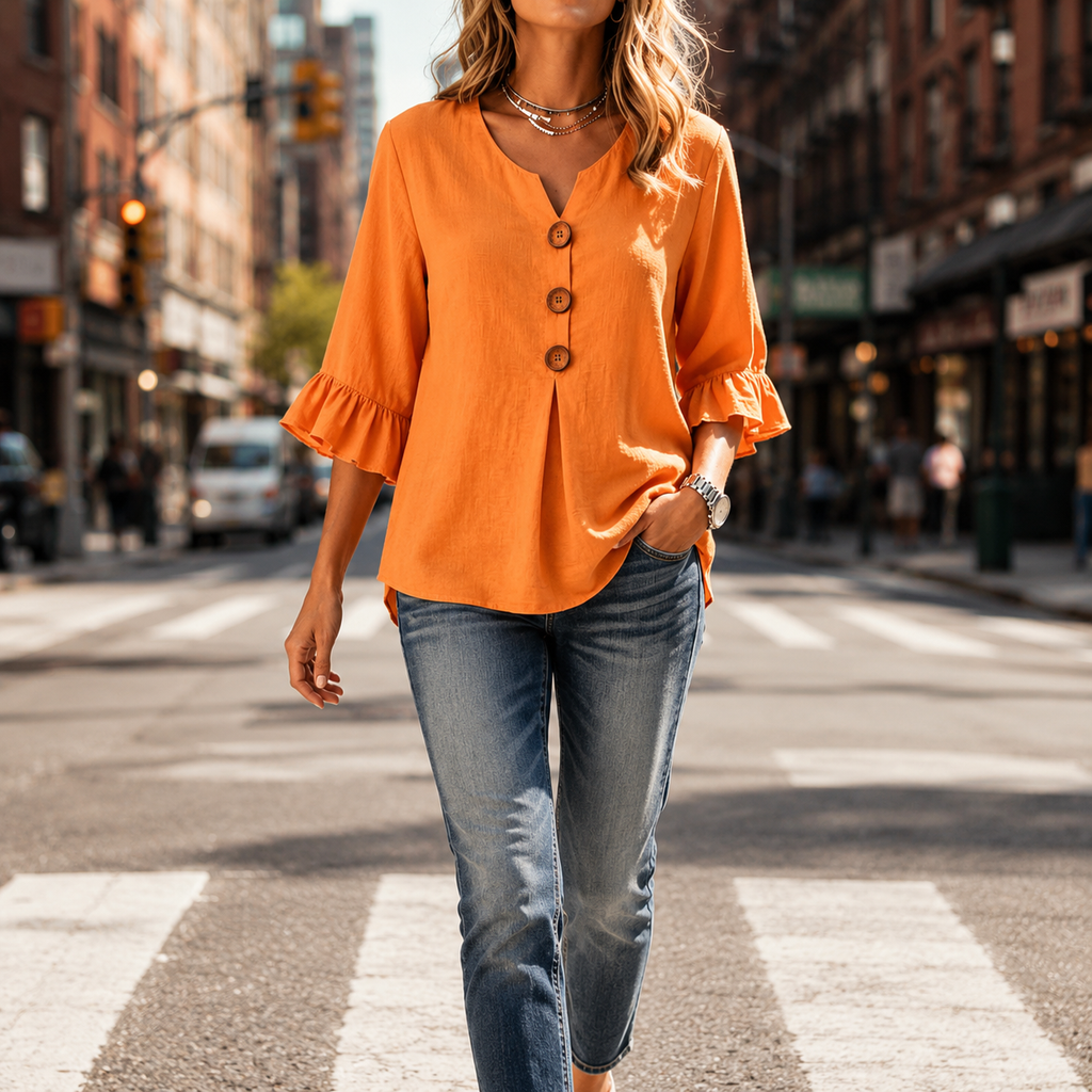 Laurelle – Blusa con maniche a volant e scollo a V con bottoni