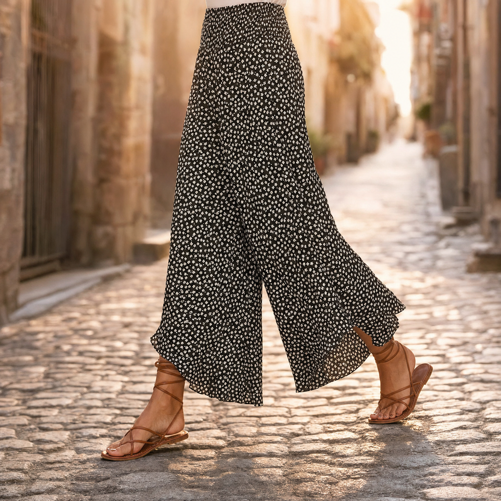 Velura – Pantaloni Floreali a Vita Alta con Ruches e Gamba Larga