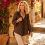 Maelora – Blusa a maniche lunghe con scollo a V e volant arricciati