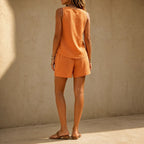 Solavia – Set di 2 pezzi in look lino, top senza maniche con bottoni e pantaloni corti rilassati, set estivo abbinato per donne