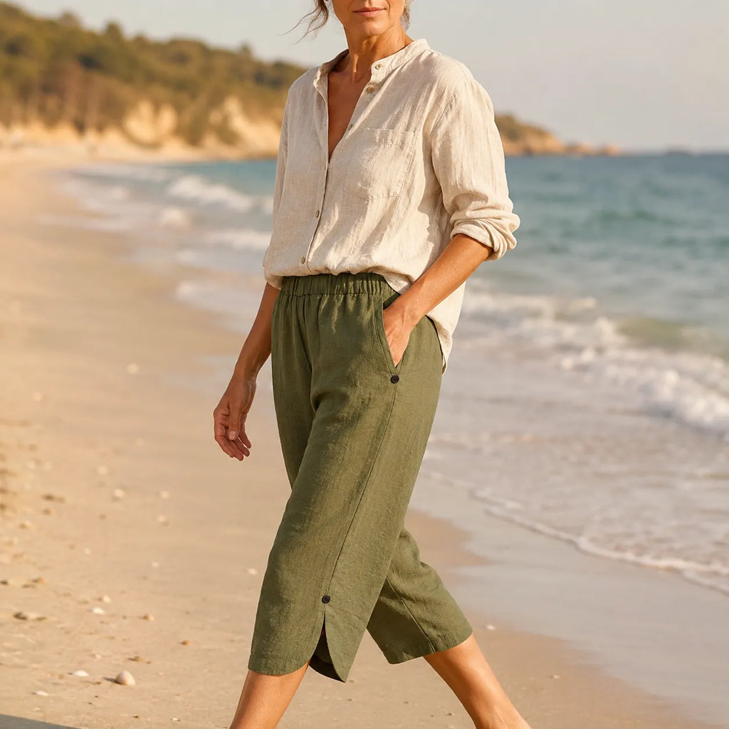 Brisana – Pantaloni Capri Leggeri in Stile Lino per Donne con Vita Elastica Morbida