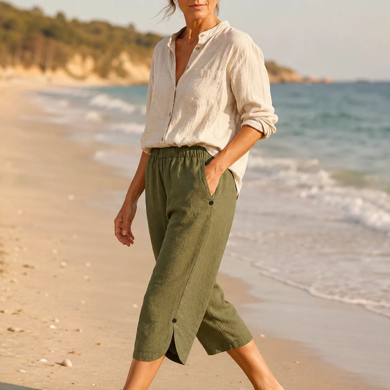 Brisana – Pantaloni Capri Leggeri in Stile Lino per Donne con Vita Elastica Morbida