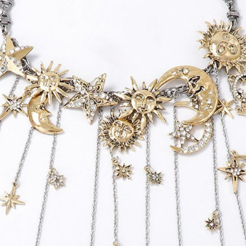 Celestra - Collana con Frange di Sole, Luna e Stelle