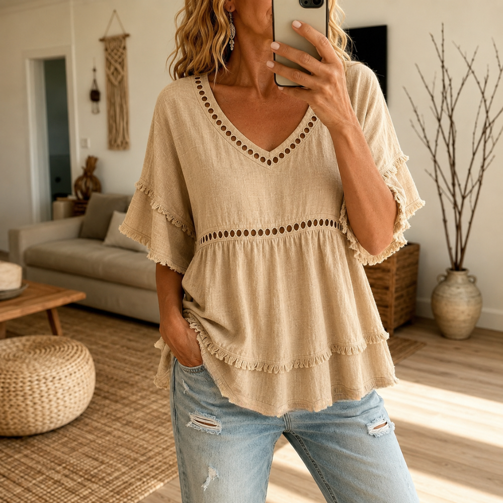 Meloria – Top Babydoll Bohemien con Ritagli a Occhiello e Orlo Frangiato