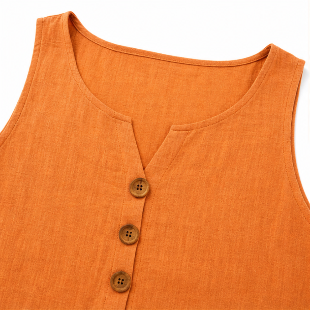 Solavia – Set di 2 pezzi in look lino, top senza maniche con bottoni e pantaloni corti rilassati, set estivo abbinato per donne